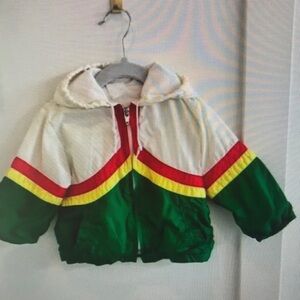 Kids Green & White Hooded Jacket with Red & Yellow Stripes